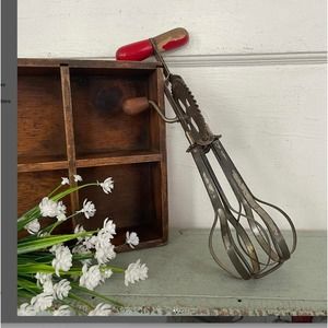 Vintage Red Wood Handled Egg Beater Farmhouse Kitchen Well-Loved Patina